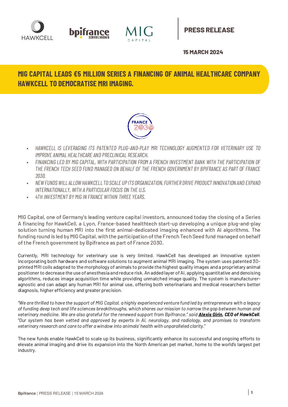 2024 03 15 – MIG Capital leads €5 million Series A financing of animal healthcare company HawkCell to democratise MRI imaging