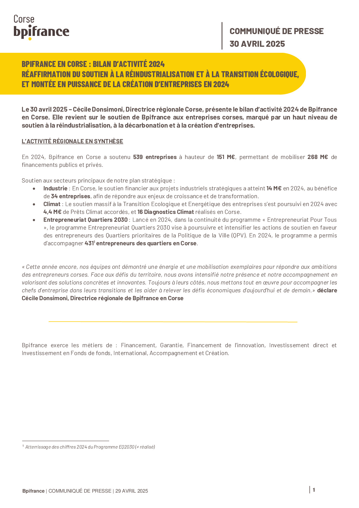 2025 04 30 – CP Bilan d’activité 2024 Bpifrance en Corse