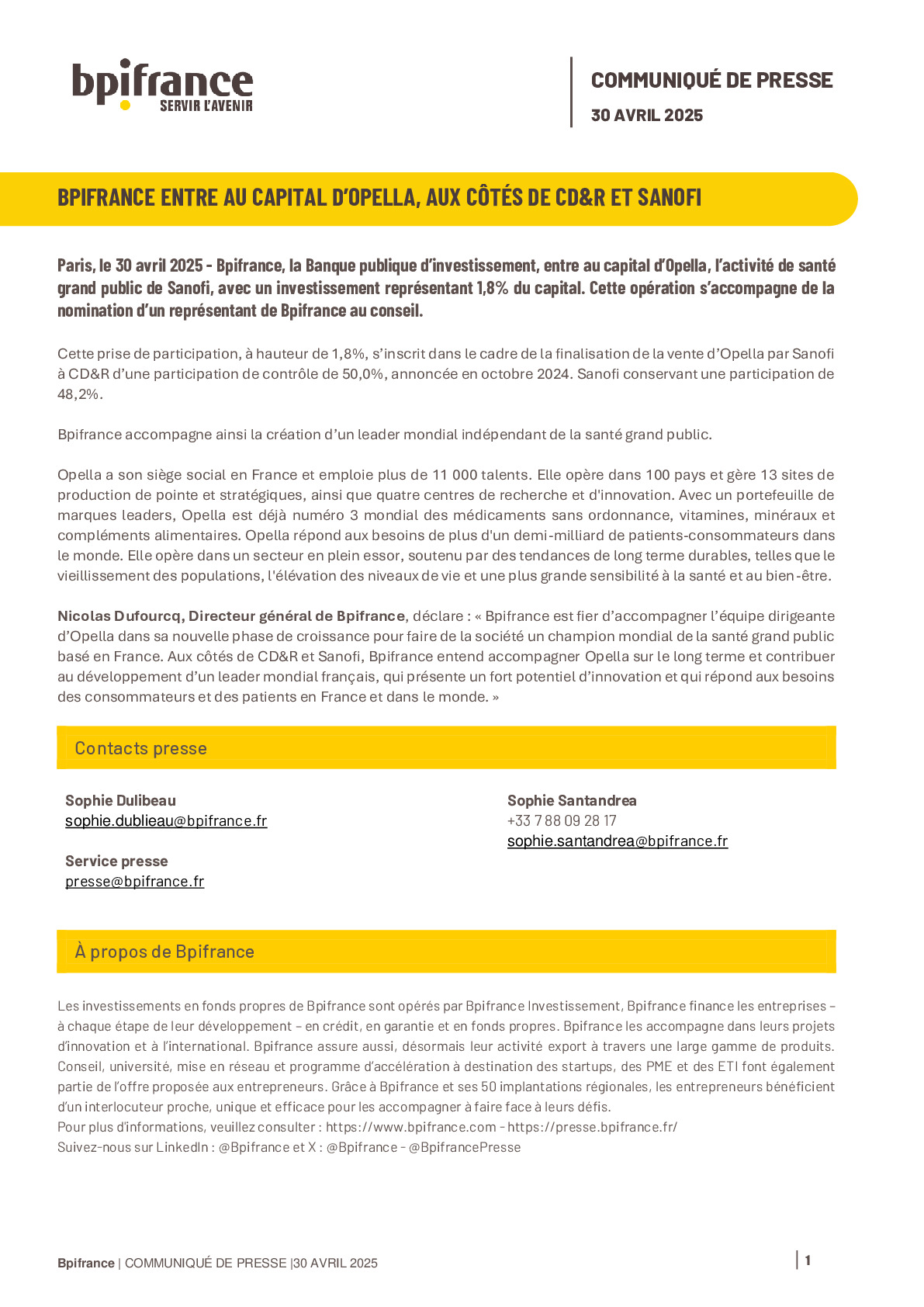 2025 04 30 – CP Bpifrance entre au capital d’Opella, aux côtés de CD R et Sanofi