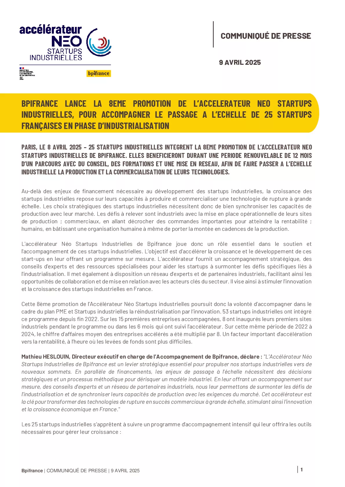 2025 04 09 CP – Bpifrance lance la 8eme promotion de l’accélérateur Néo Startups industrielles