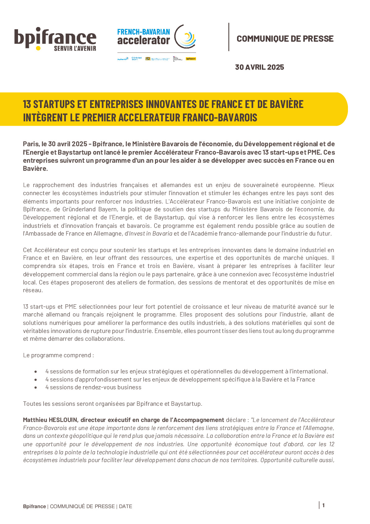 2025 04 30 – CP Bpifrance – Lancement de l’Accélérateur Franco Bavarois