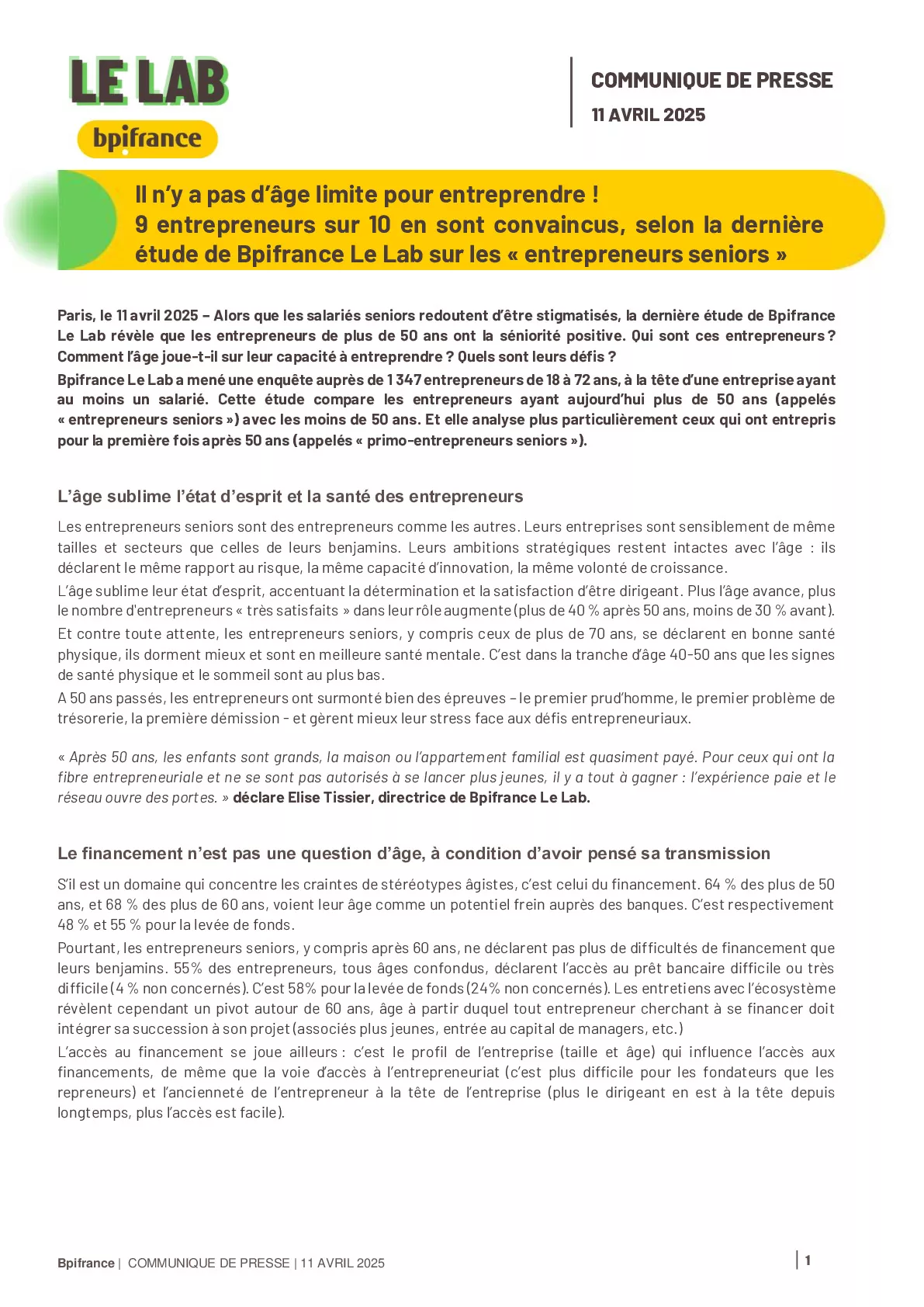 2025 04 11 – CP Etude Bpifrance Le Lab – Entrepreneurs seniors, il n’y a pas d’âge limite pour entreprendre !