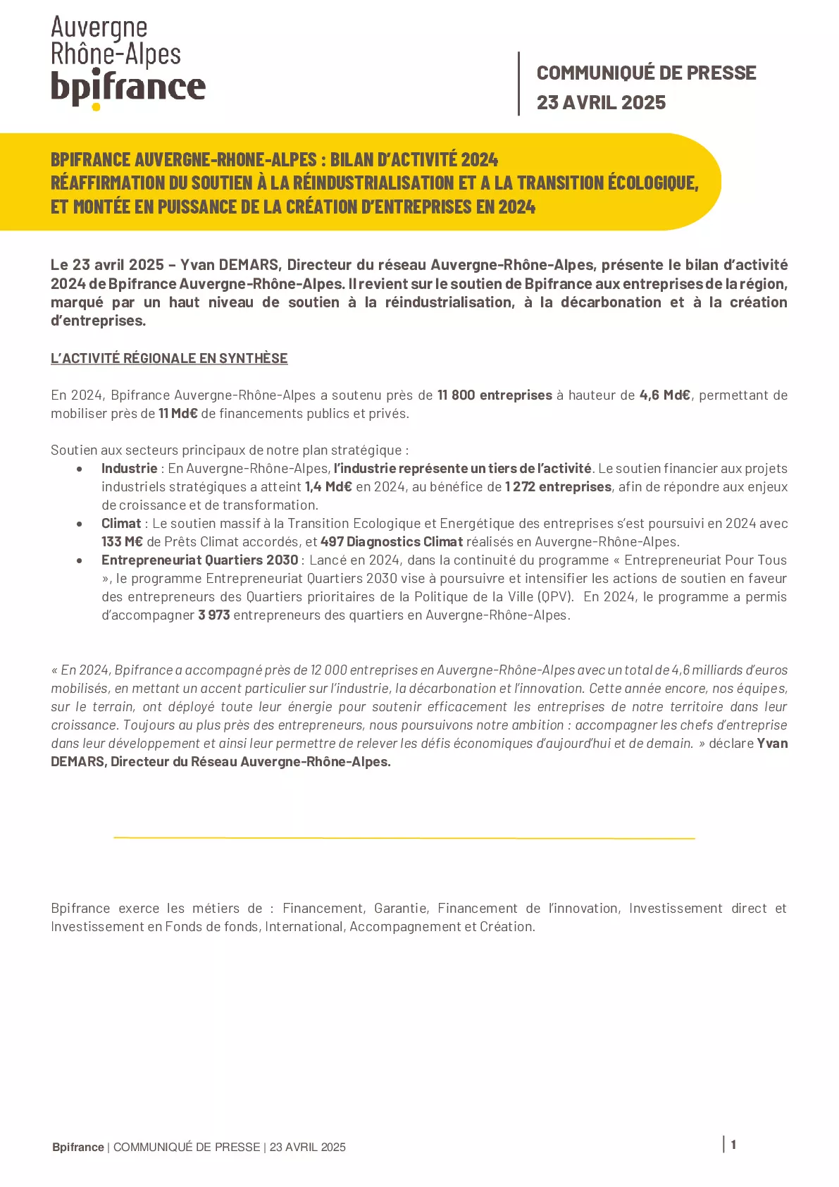 2025 04 23 – CP BPIFRANCE AUVERGNE-RHONE-ALPES BILAN D’ACTIVITÉ 2024