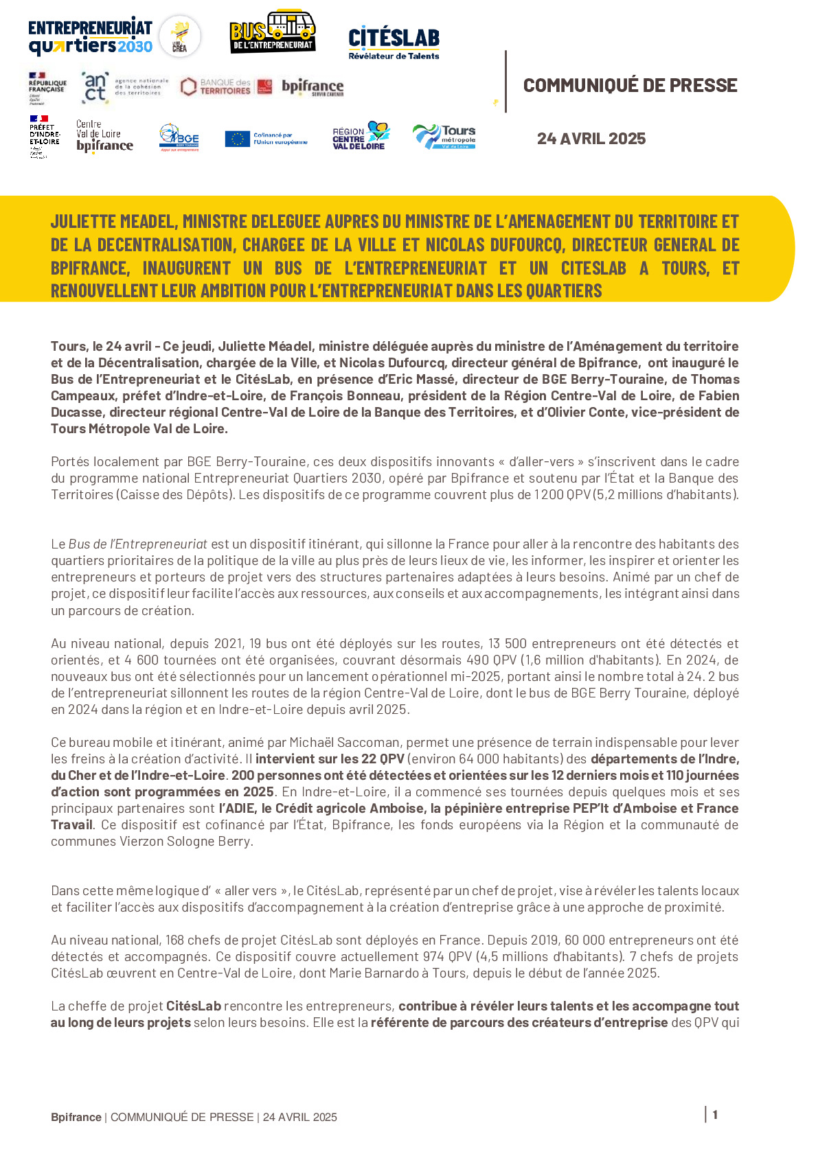2025 04 24 – CP INNAUGURATIONS ‘BUS DE L’ENTREPRENEURIAT’ ET UN ‘CITESLAB’ A TOURS