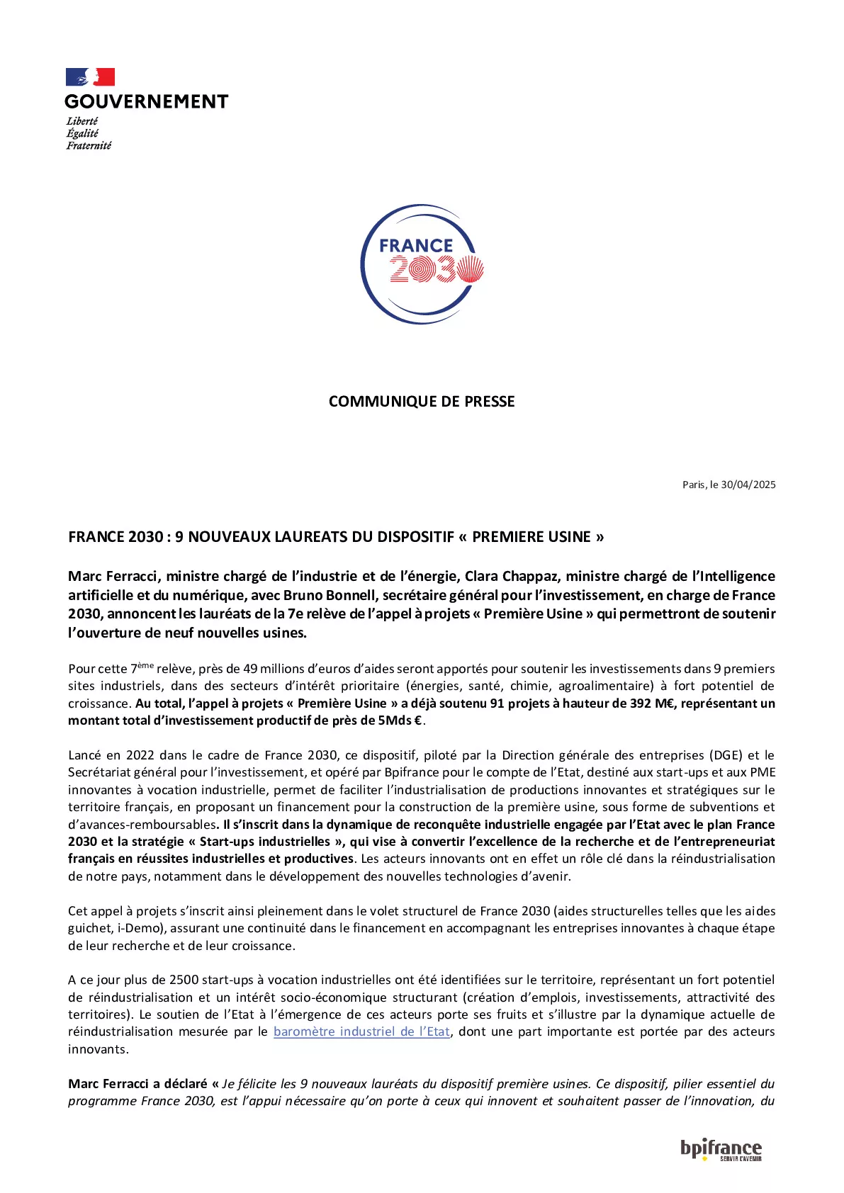 CP France 2030 7e vague AAP Première usine