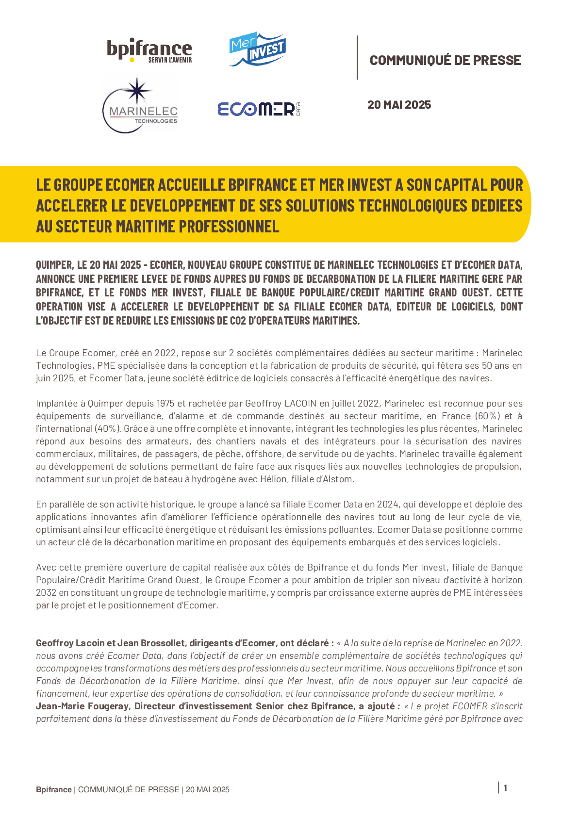 2025 05 20 – ECOMER ACCUEILLE BPIFRANCE ET MER INVEST A SON CAPITAL VMER INVEST