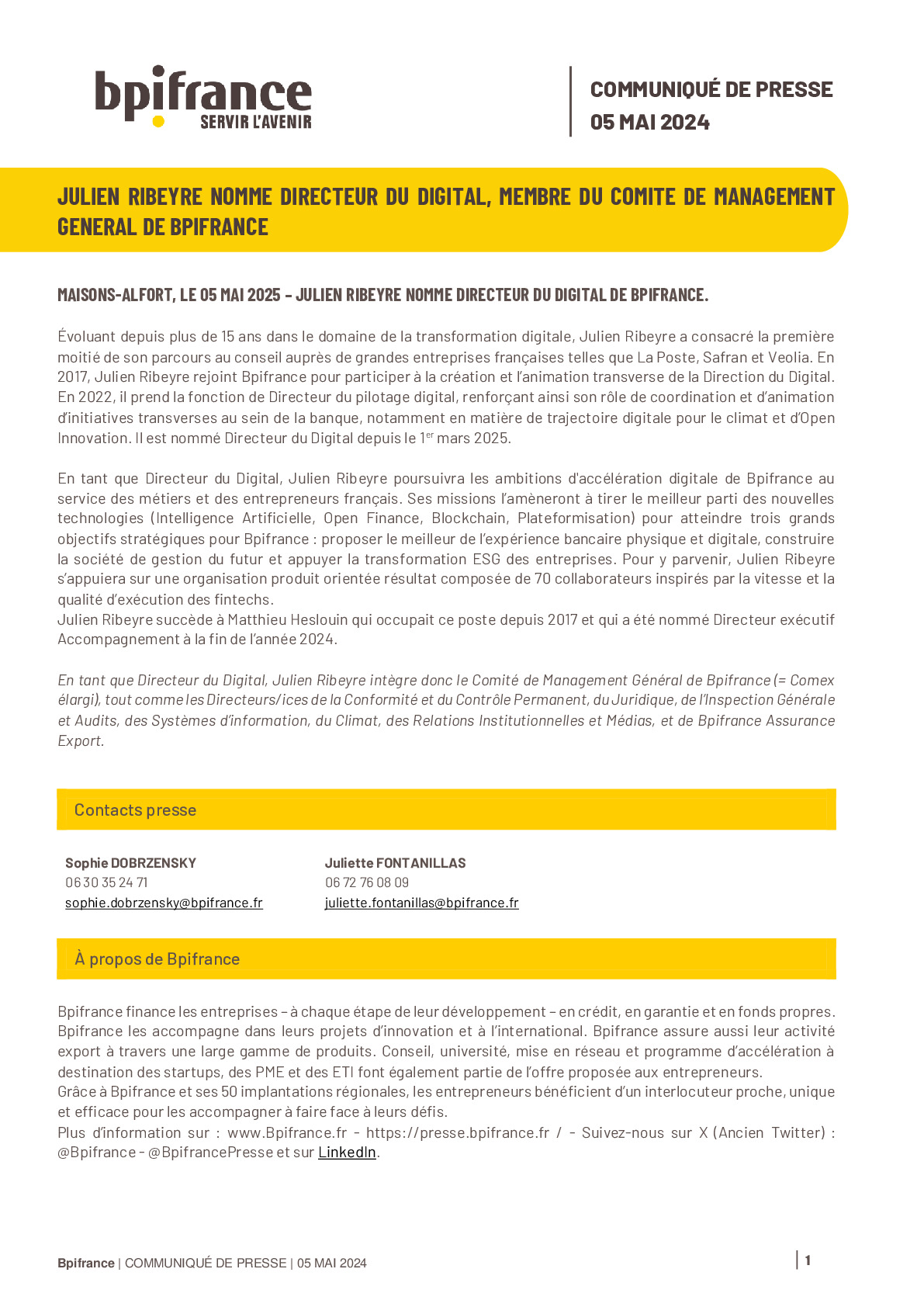 2025 05 05 – Bpifrance – Nomination de Julien Ribeyre en tant que Directeur du digital