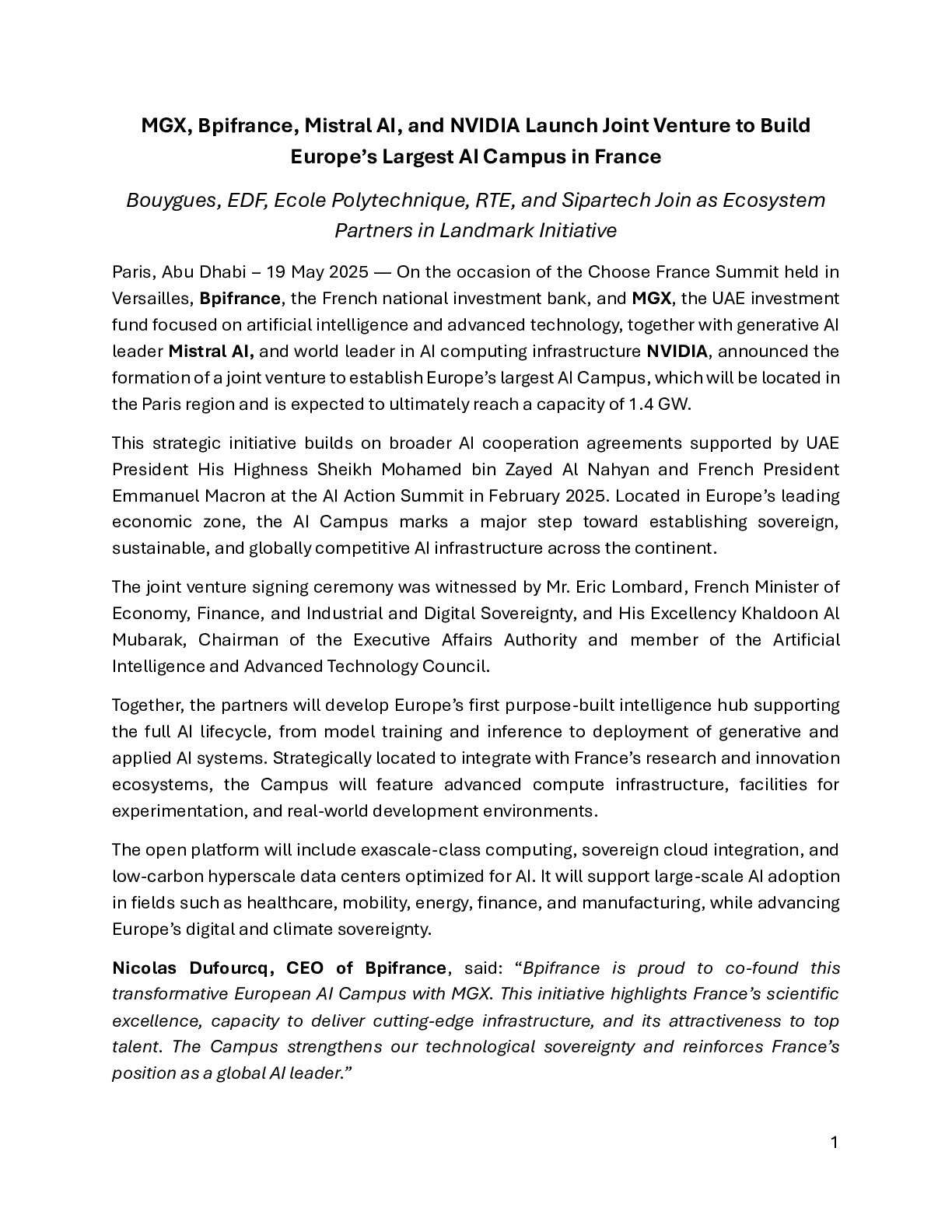 2025 05 19 – PR – MGX, Bpifrance, Mistral AI, and NVIDIA Launch Joint Venture to Build Europe’s Largest AI Campus in France