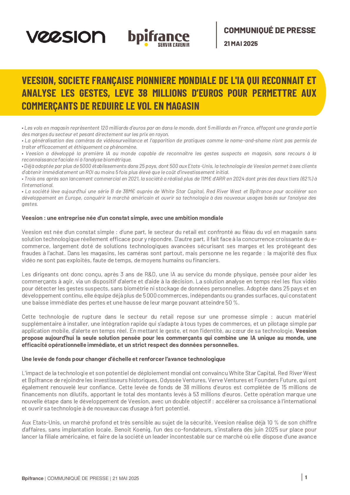 2025 05 21 – Veesion lève 38 millions d’euros pour devenir un leader mondial de de la computer vision qui transforme la gestion du monde physique grâce à l’IA