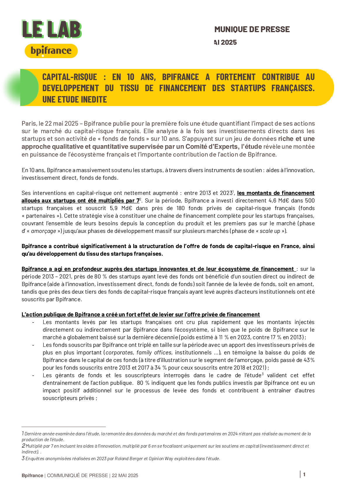 2025 05 22 – Communiqué de presse 10 ans de l’impact de Bpifrance sur le marché du Capital Risque
