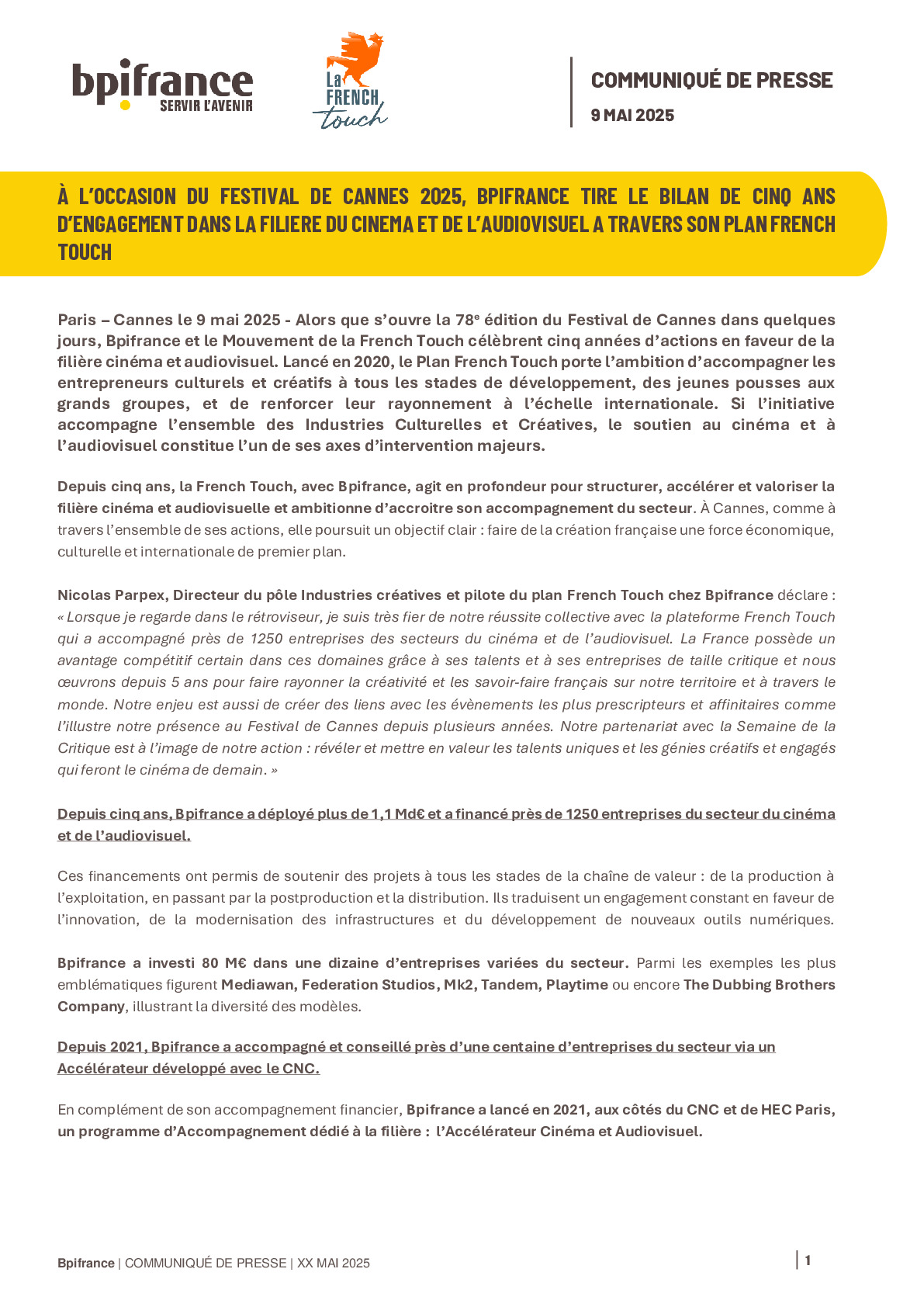 2025 05 09 – CP Bpifrance Bilan 5 ans cinéma et audiovisuel – Festival de Cannes