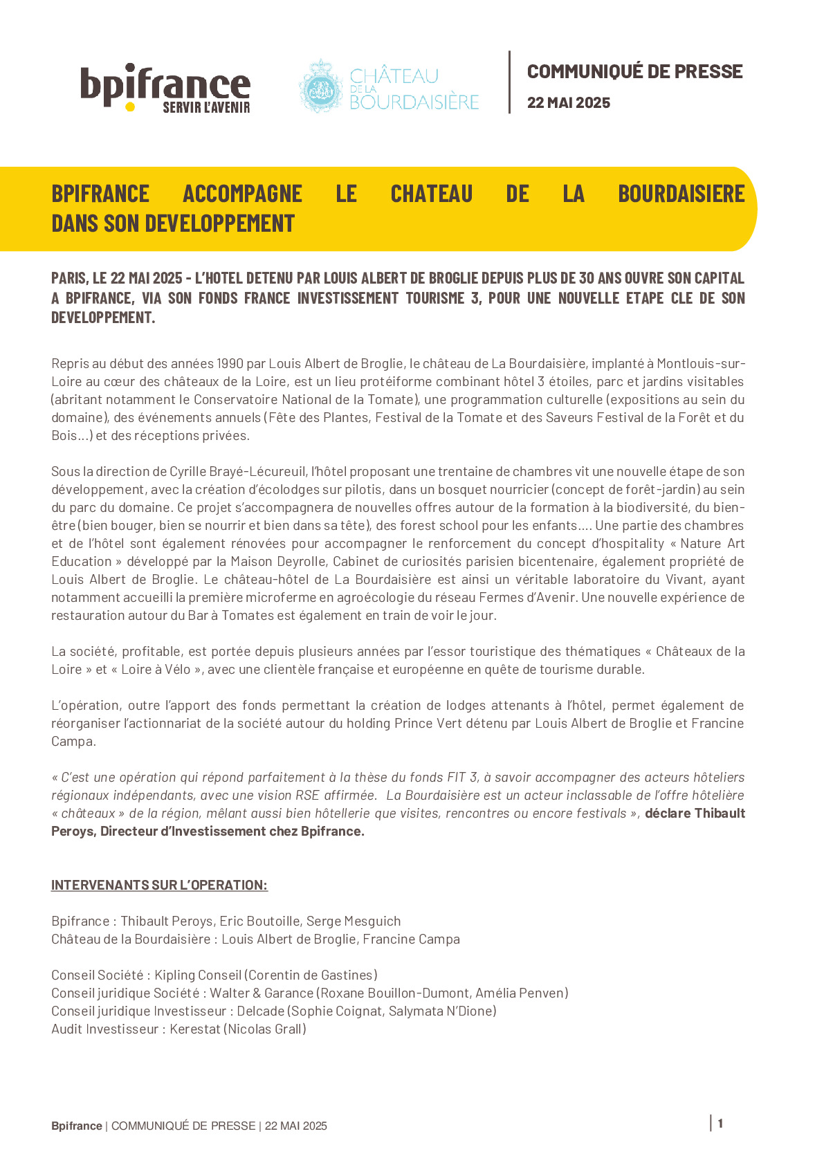 2025 05 22 – Bpifrance accompagne le Château de la Bourdaisière dans son développement