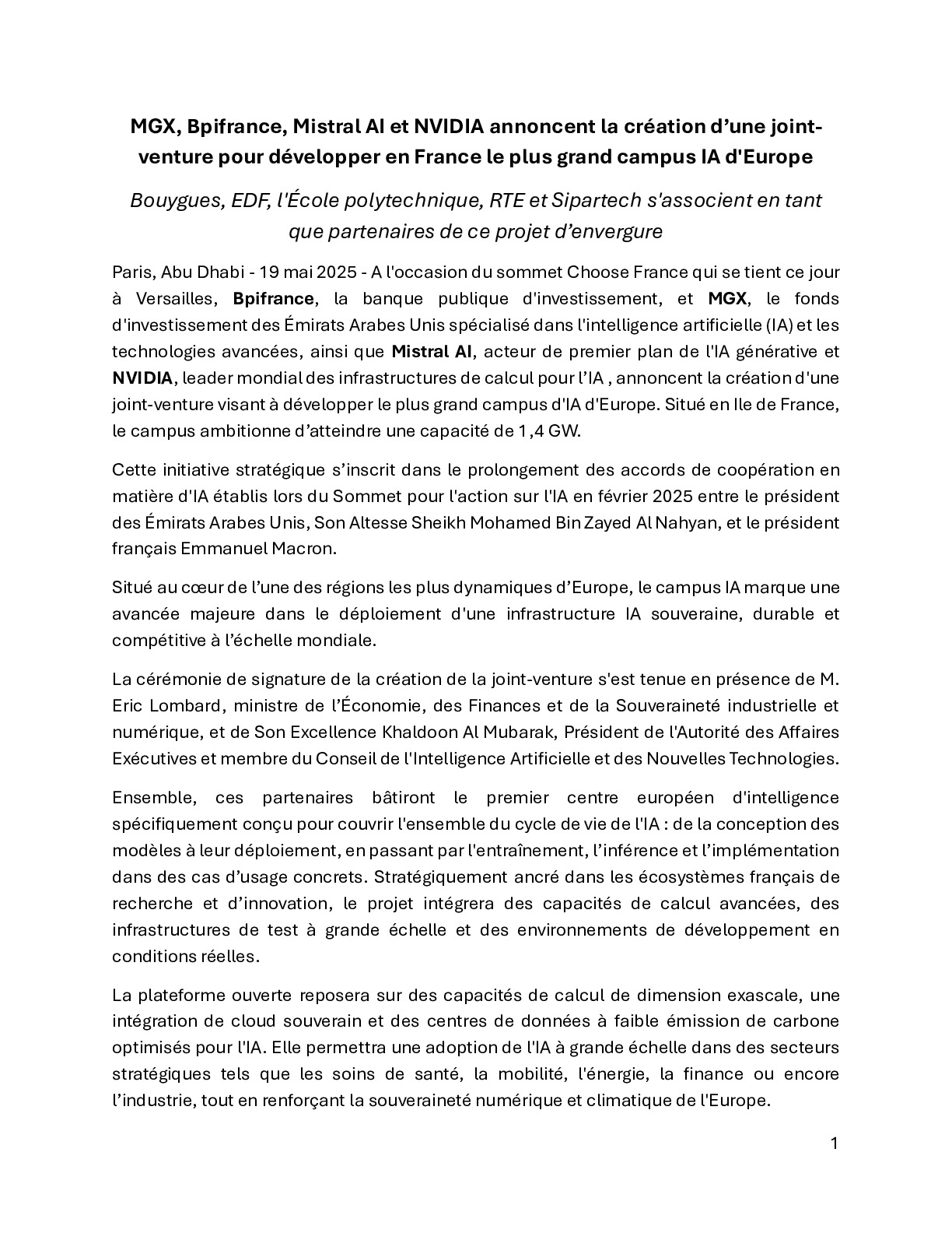 2025 05 19 CP – MGX, Bpifrance, Mistral AI et NVIDIA annoncent la création d’une JV pour développer en France le plus grand campus IA d’Europe