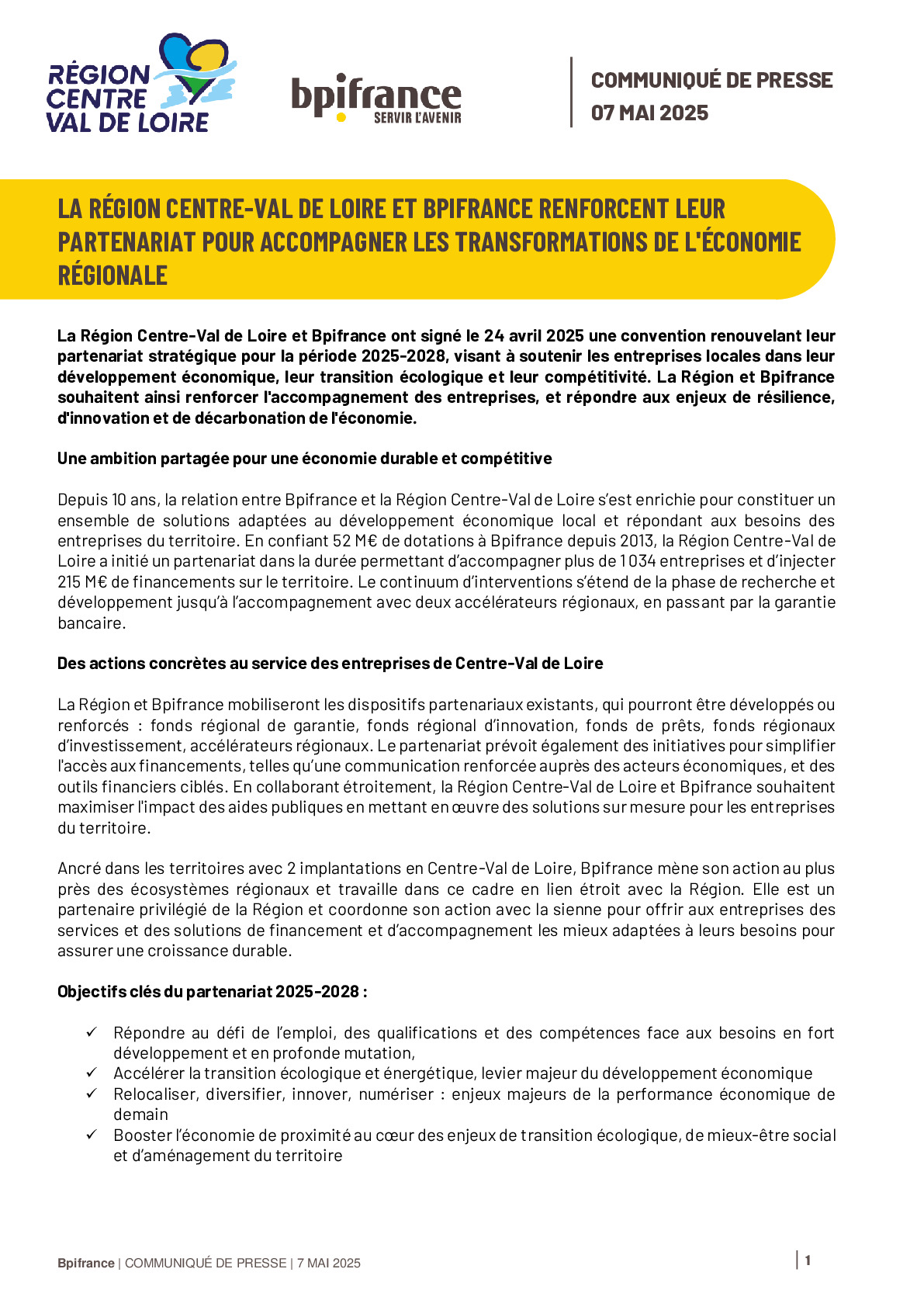 2025 05 07 – LA RÉGION CENTRE-VAL DE LOIRE ET BPIFRANCE RENFORCENT LEUR PARTENARIAT POUR ACCOMPAGNER LES TRANSFORMATIONS DE L’ÉCONOMIE RÉGIONALE