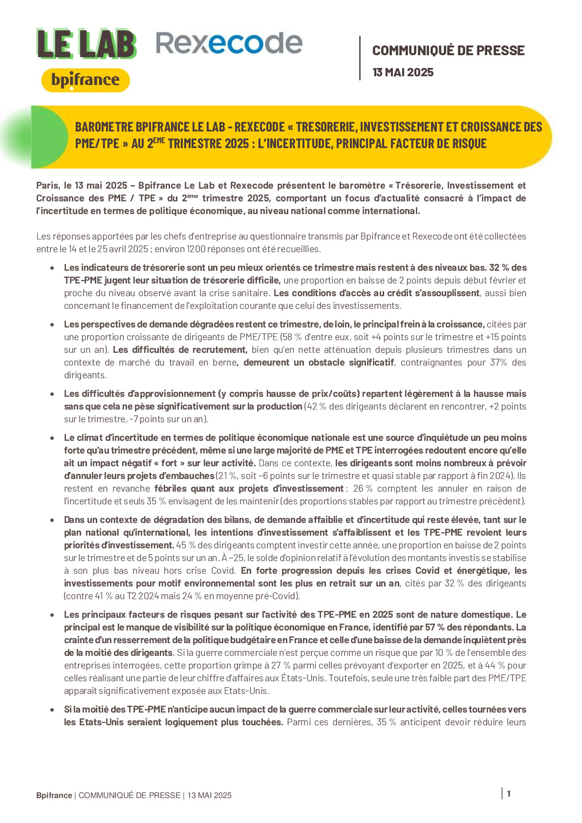 2025 05 13 – CP Barometre TPE-PME Bpifrance_Rexecode T2 2025