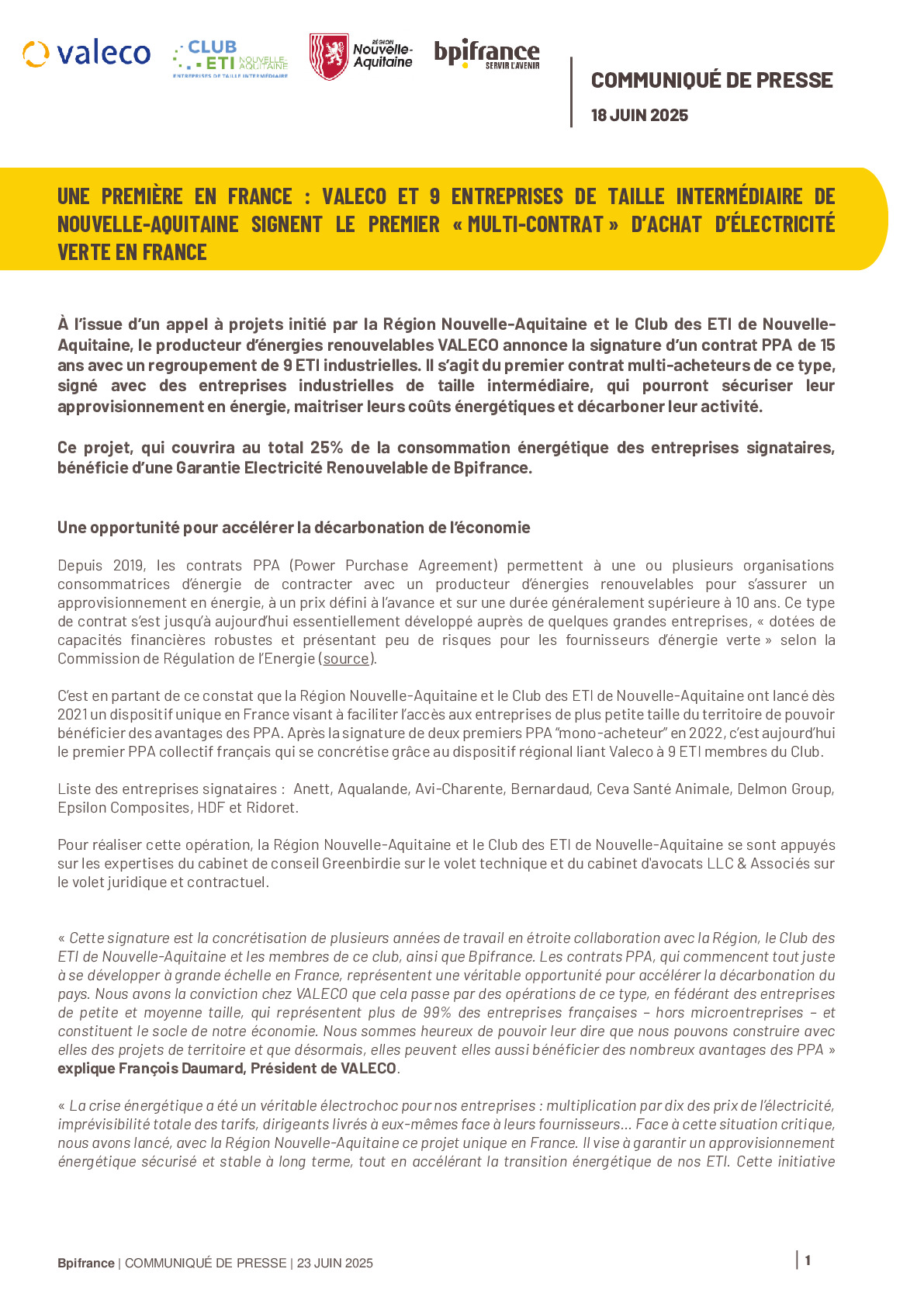 2025 06 23 – CP VALECO ET 9 ENTREPRISES DE TAILLE INTERMÉDIAIRE DE NOUVELLE-AQUITAINE SIGNENT LE PREMIER « MULTI-CONTRAT » D’ACHAT D’ÉLECTRICITÉ VERTE EN FRANCE