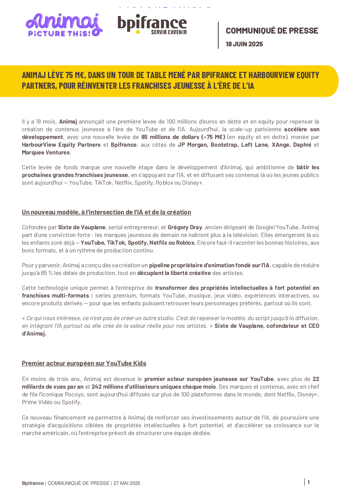 2025 06 18 – CP ANIMAJ LÈVE 75 M€, DANS UN TOUR DE TABLE MENÉ PAR BPIFRANCE ET HARBOURVIEW EQUITY PARTNERS