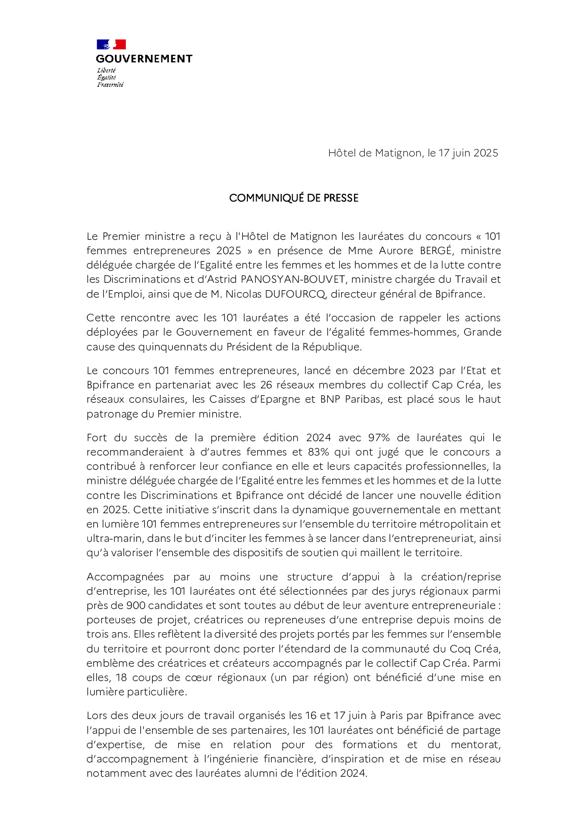 Communiqué de presse – Concours 101 femmes entrepreneures 2025 – 17.06.2025