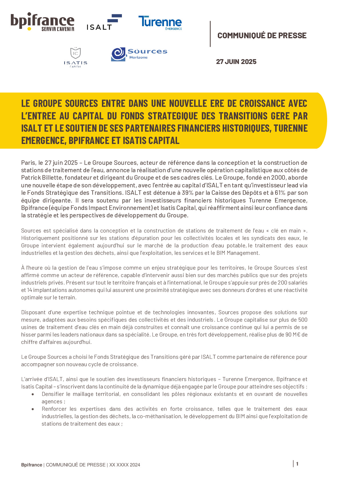 Le Groupe Sources entre dans une nouvelle ère de croissance avec l’entrée au capital du Fonds Stratégique des Transitions géré par ISALT