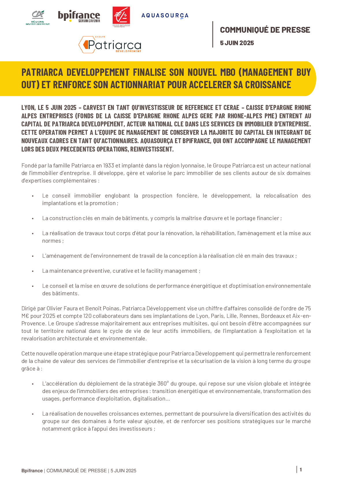 2025 05 23 – Patriarca Développement finalise son nouvel MBO (Management Buy Out) et renforce son actionnariat pour accélérer sa croissance