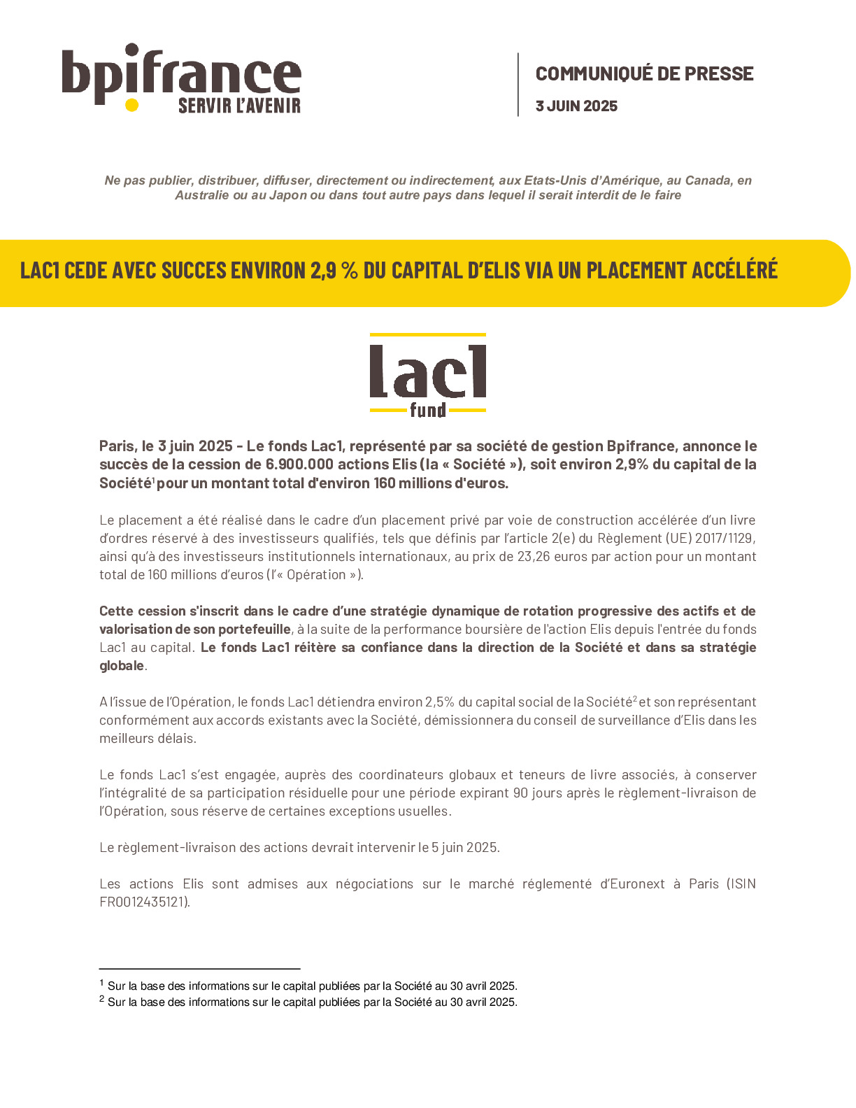 2025 06 03 – CP Lac1 cession Elis
