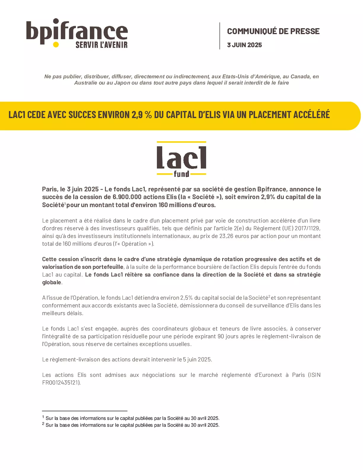 2025 06 03 – CP Lac1 cession Elis