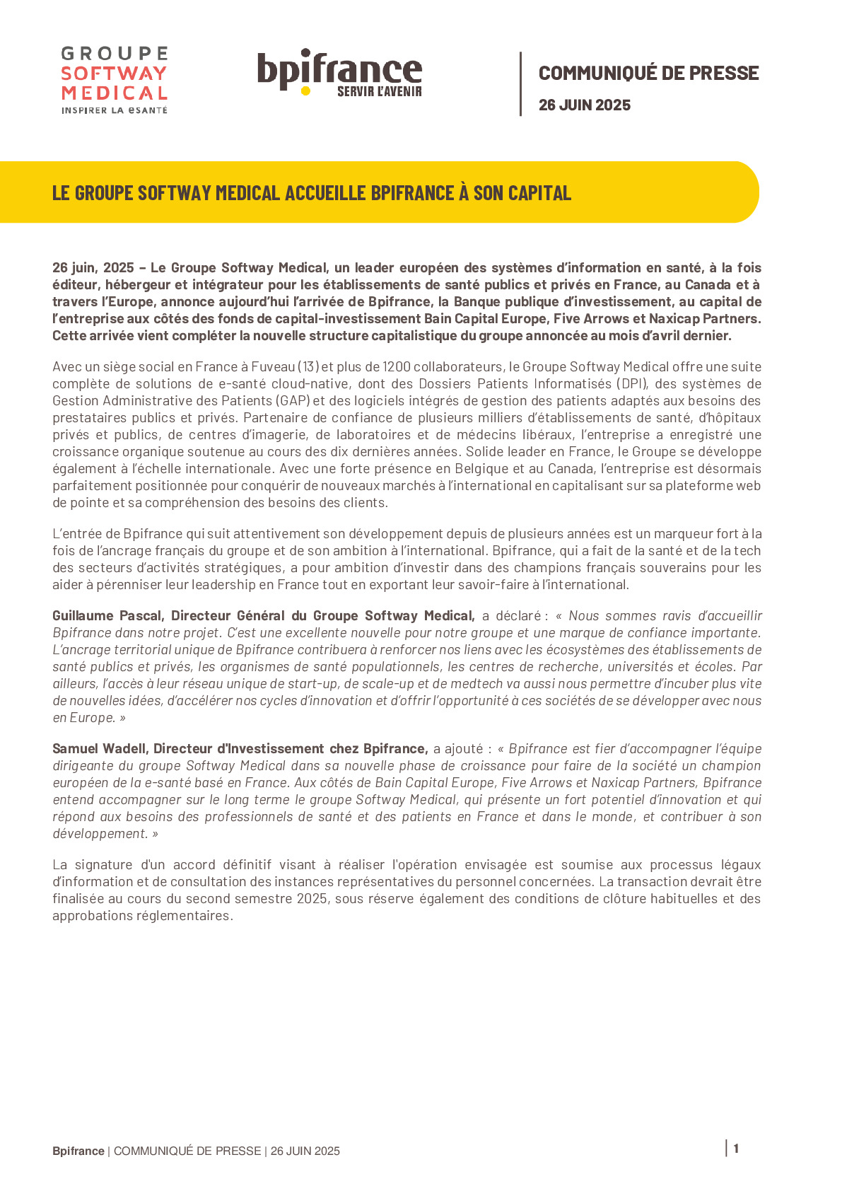 2025 06 – CP Le Groupe Softway Medical accueille Bpifrance à son capital