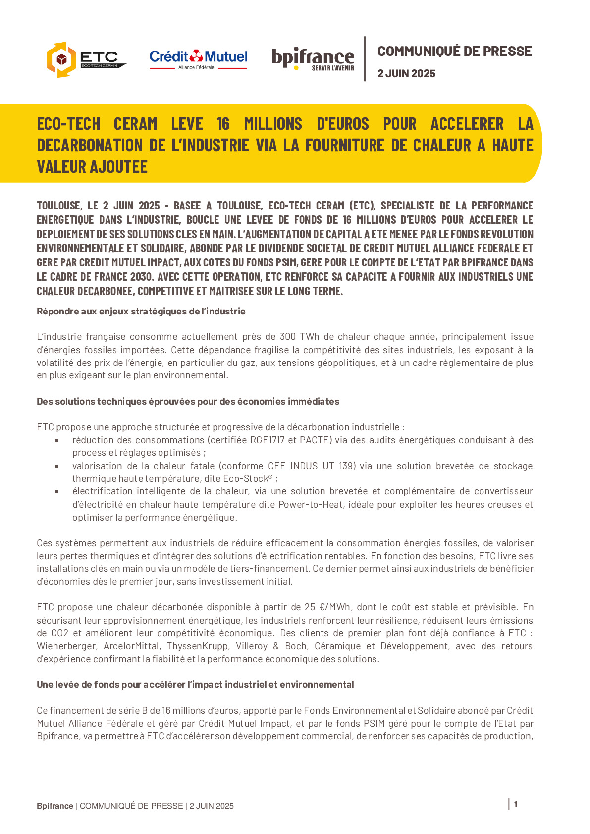 2025 06 02 – ECO-TECH CERAM LEVE 16 MILLIONS D’EUROS POUR ACCELERER LA DECARBONATION DE L’INDUSTRIE VIA LA FOURNITURE DE CHALEUR A HAUTE VALEUR AJOUTEE