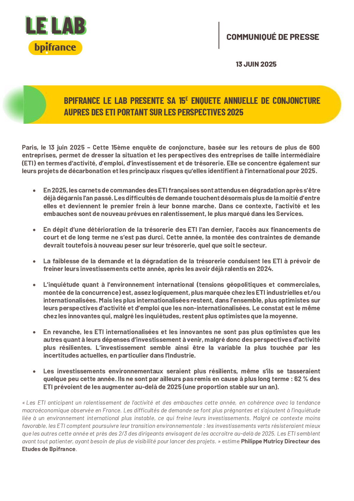 2025 06 13 – CP Bpifrance Le Lab – 15e Enquête de conjoncture ETI