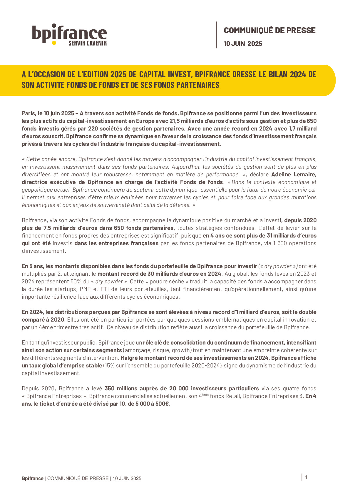2025 06 10 – CP Bpifrance Capital Invest Bilan fonds de fonds