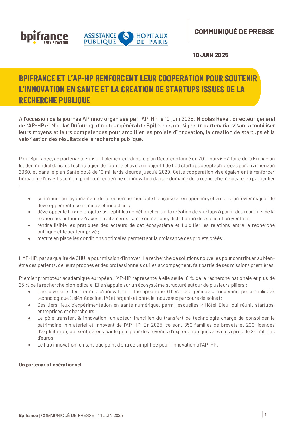 2025 06 11 CP – Bpifrance et l’AP-HP renforcent leur coopération pour soutenir l’innovation en santé