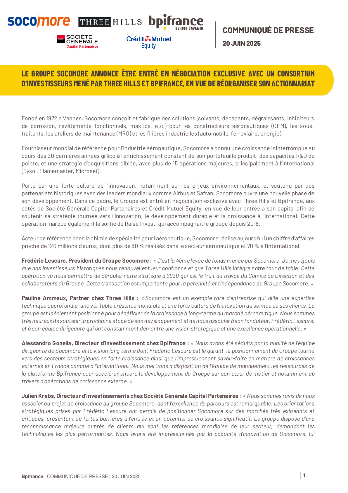 2025 06 20- CP Le Groupe Socomore annonce être entré en négociation exclusive avec un consortium d’investisseurs mené par Three Hills et Bpifrance