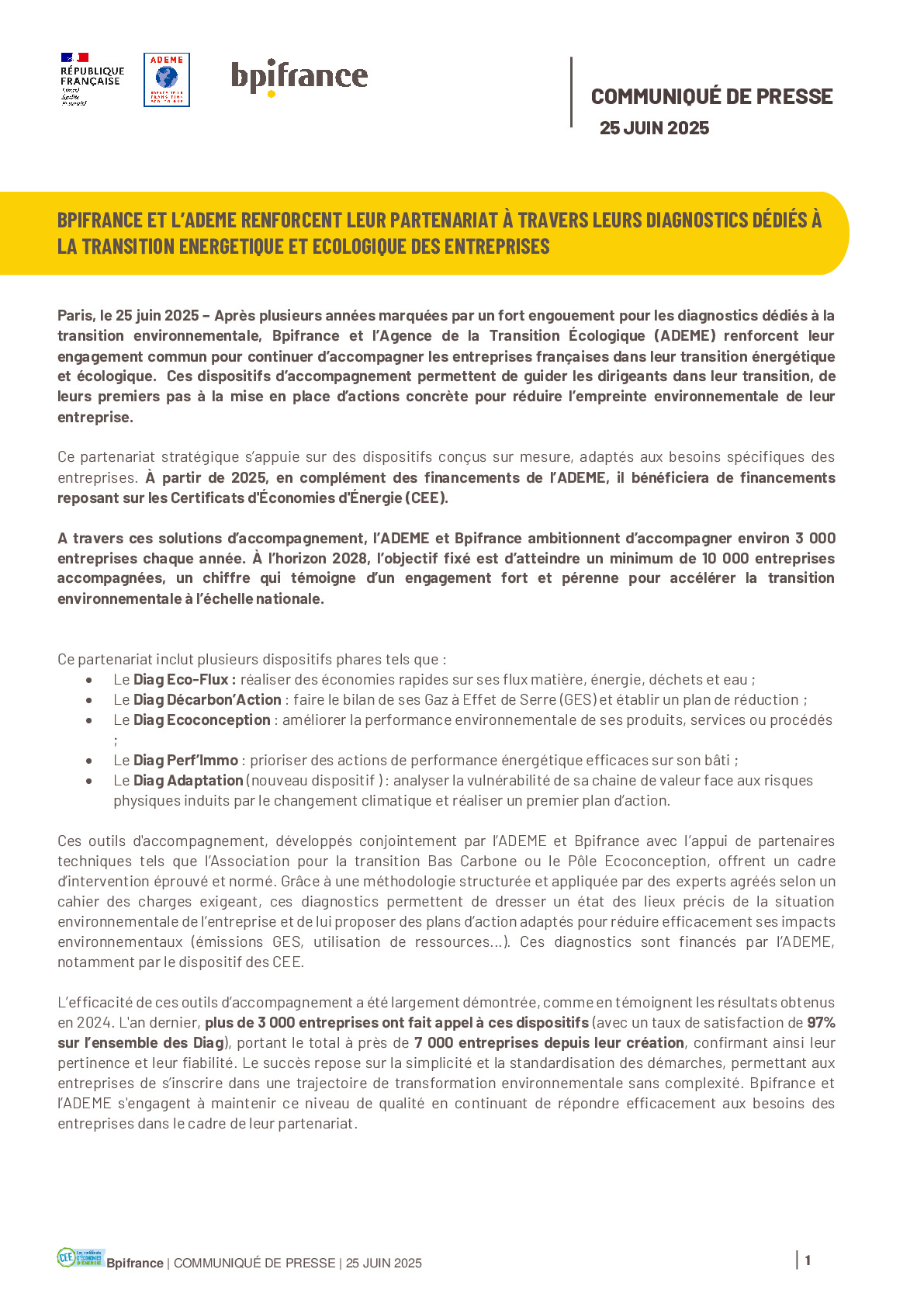 2025 06 25 – CP BPIFRANCE ET L’ADEME RENFORCENT LEUR PARTENARIAT À TRAVERS LEURS DIAGNOSTICS DÉDIÉS À LA TEE