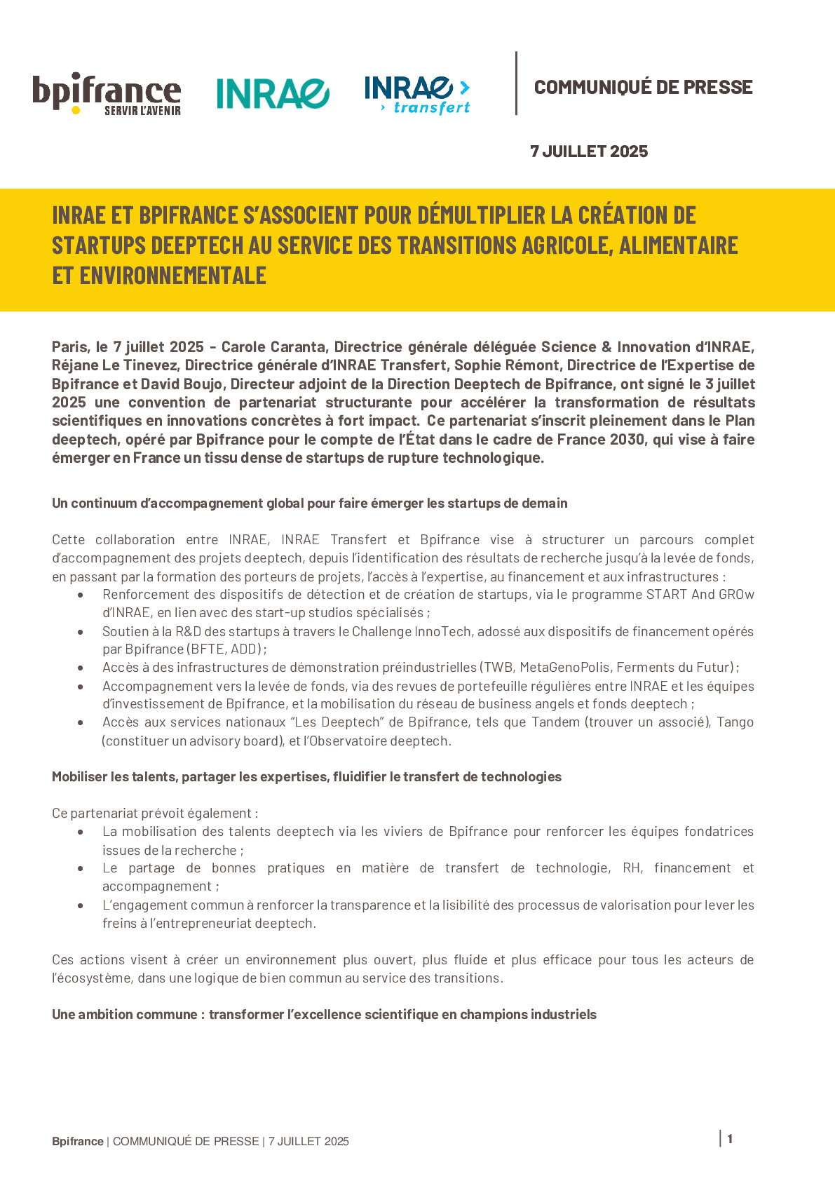 2025 07 07 INRAE ET BPIFRANCE S’ASSOCIENT POUR DÉMULTIPLIER LA CRÉATION DE STARTUPS DEEPTECH