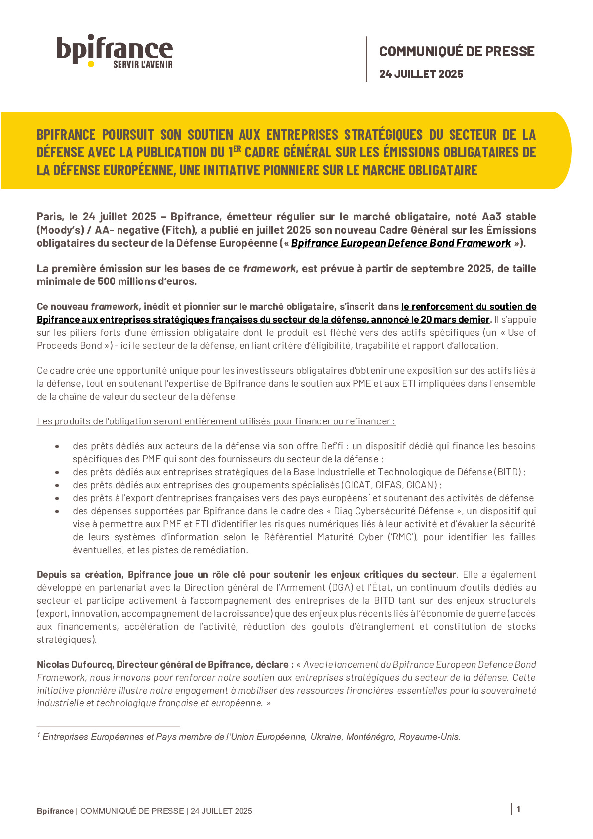 2025 07 24 – CP Bpifrance Defence european framework