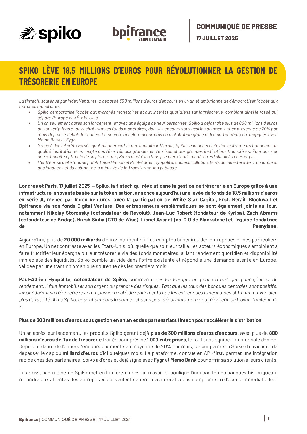 2025 07 17 – Spiko lève 18,5 millions d’euros pour révolutionner la gestion de trésorerie en Europe
