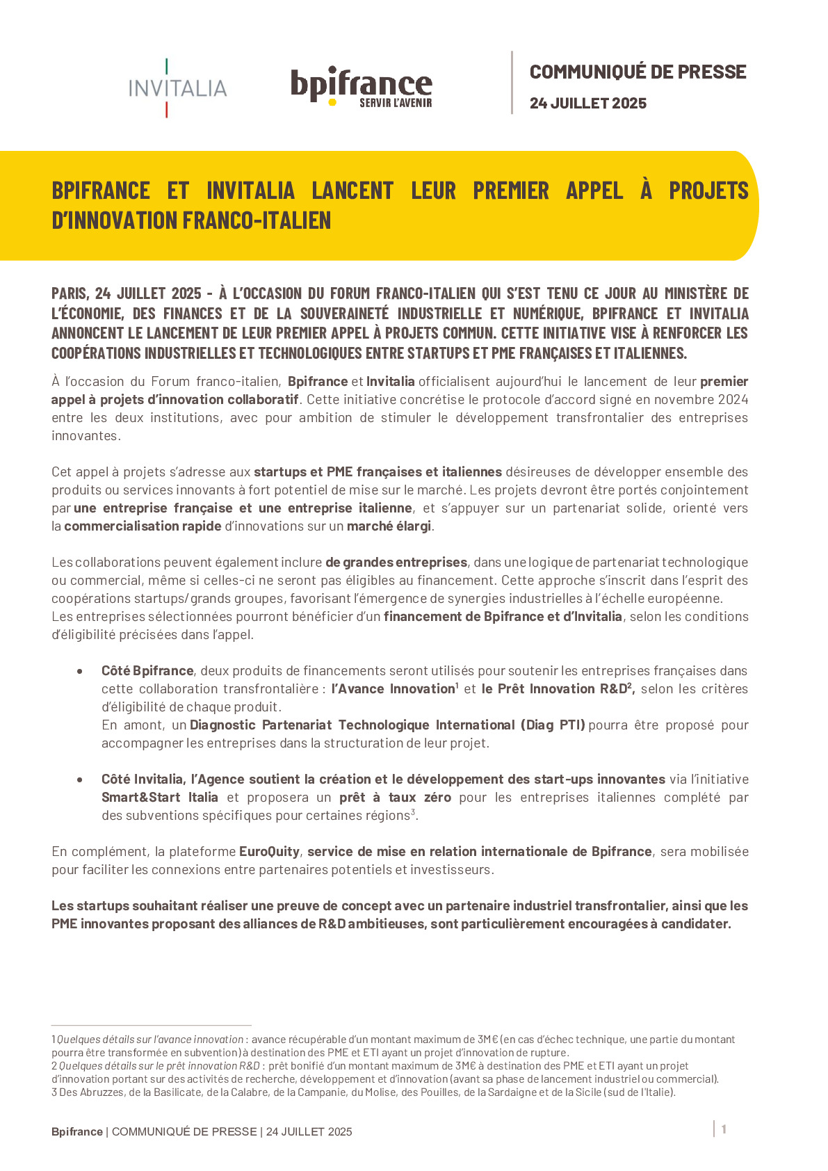 Bpifrance et Invitalia lancent leur premier appel à projets d’innovation franco-italien – 24 Juillet 2025