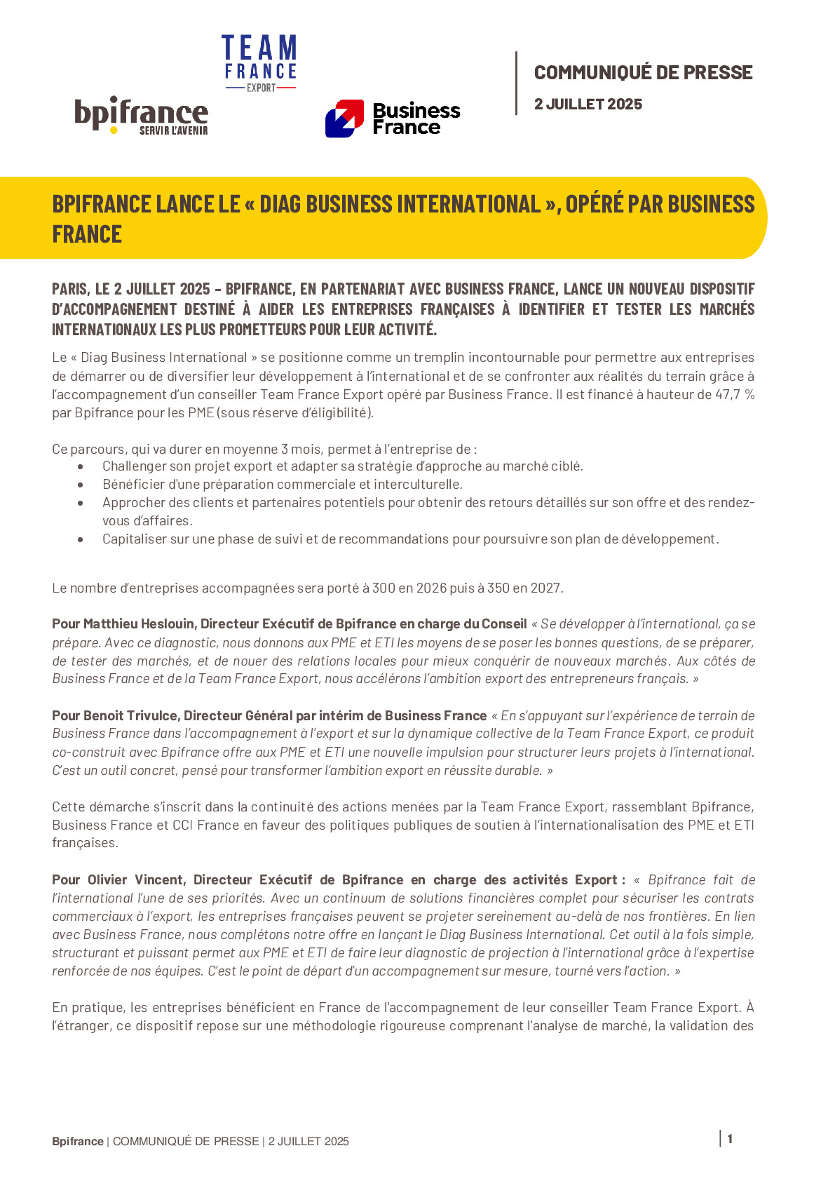 2025 07 02 – BPIFRANCE LANCE LE « DIAG BUSINESS INTERNATIONAL », OPÉRÉ PAR BUSINESS FRANCE