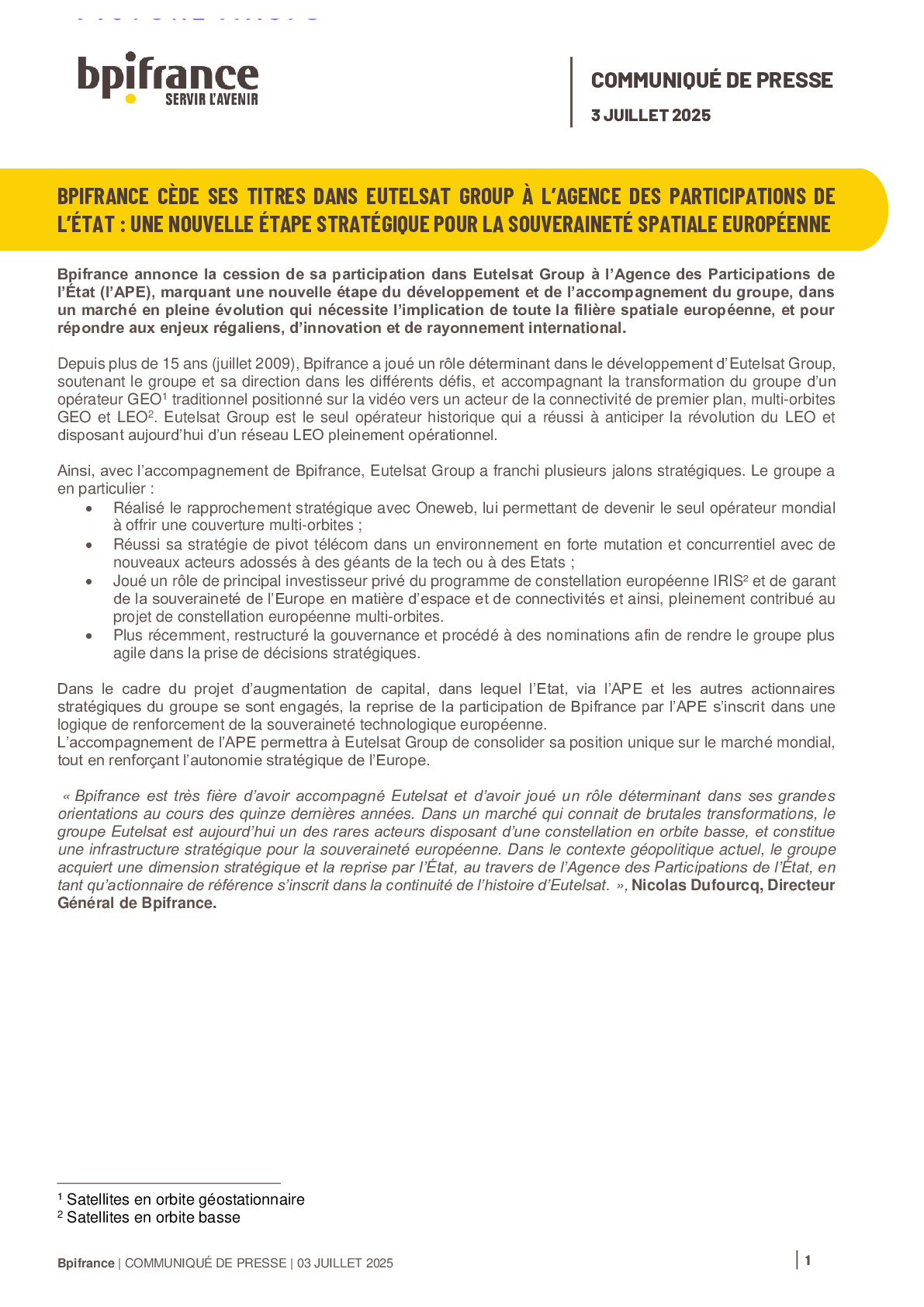 2025 07 03 – CP Bpifrance cède ses titres dans Eutelsat Group à l’APE