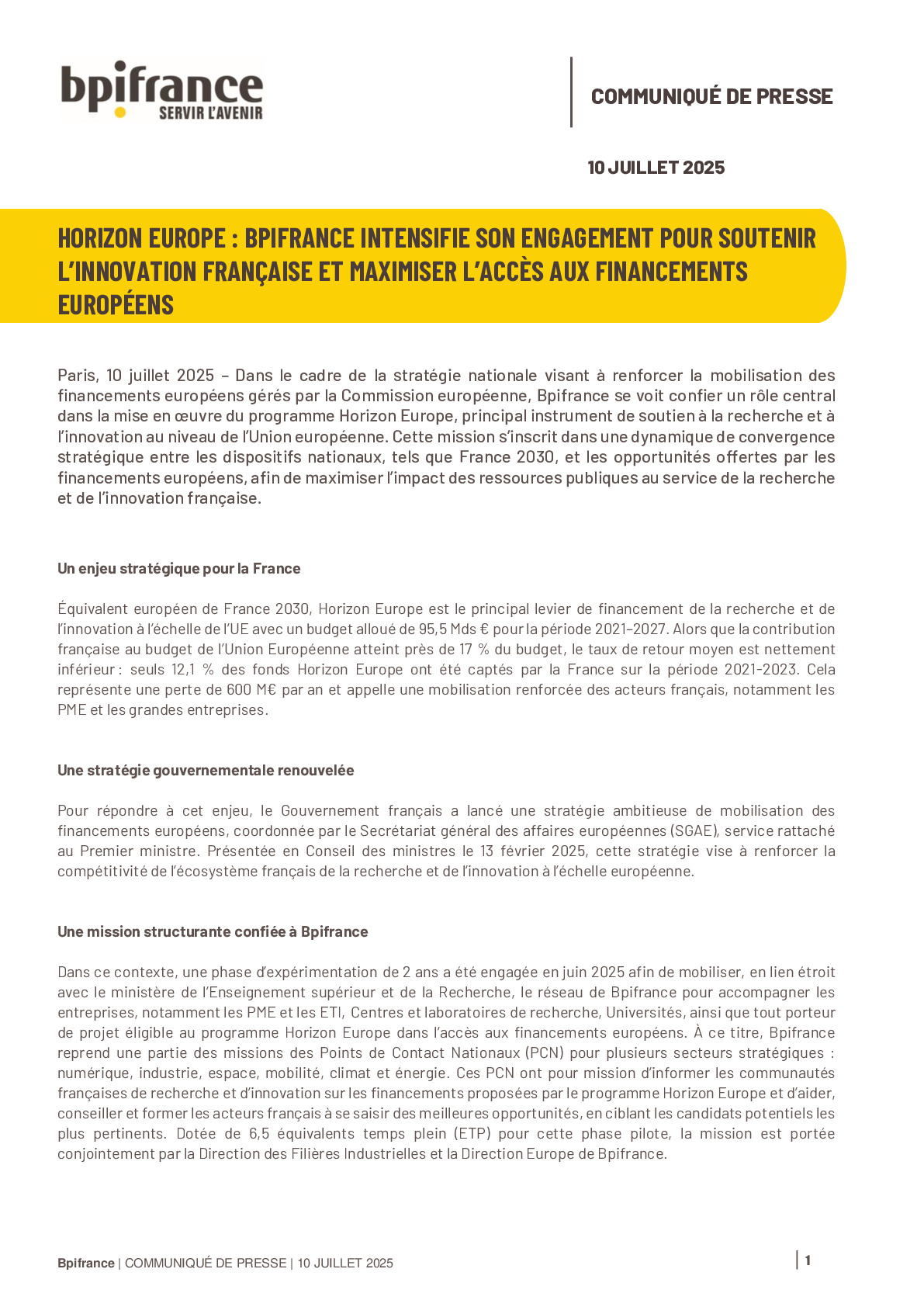 2025 07 10 CP – Horizon Europe  Bpifrance intensifie son engagement pour soutenir l’innovation française et maximiser l’accès aux financements européens