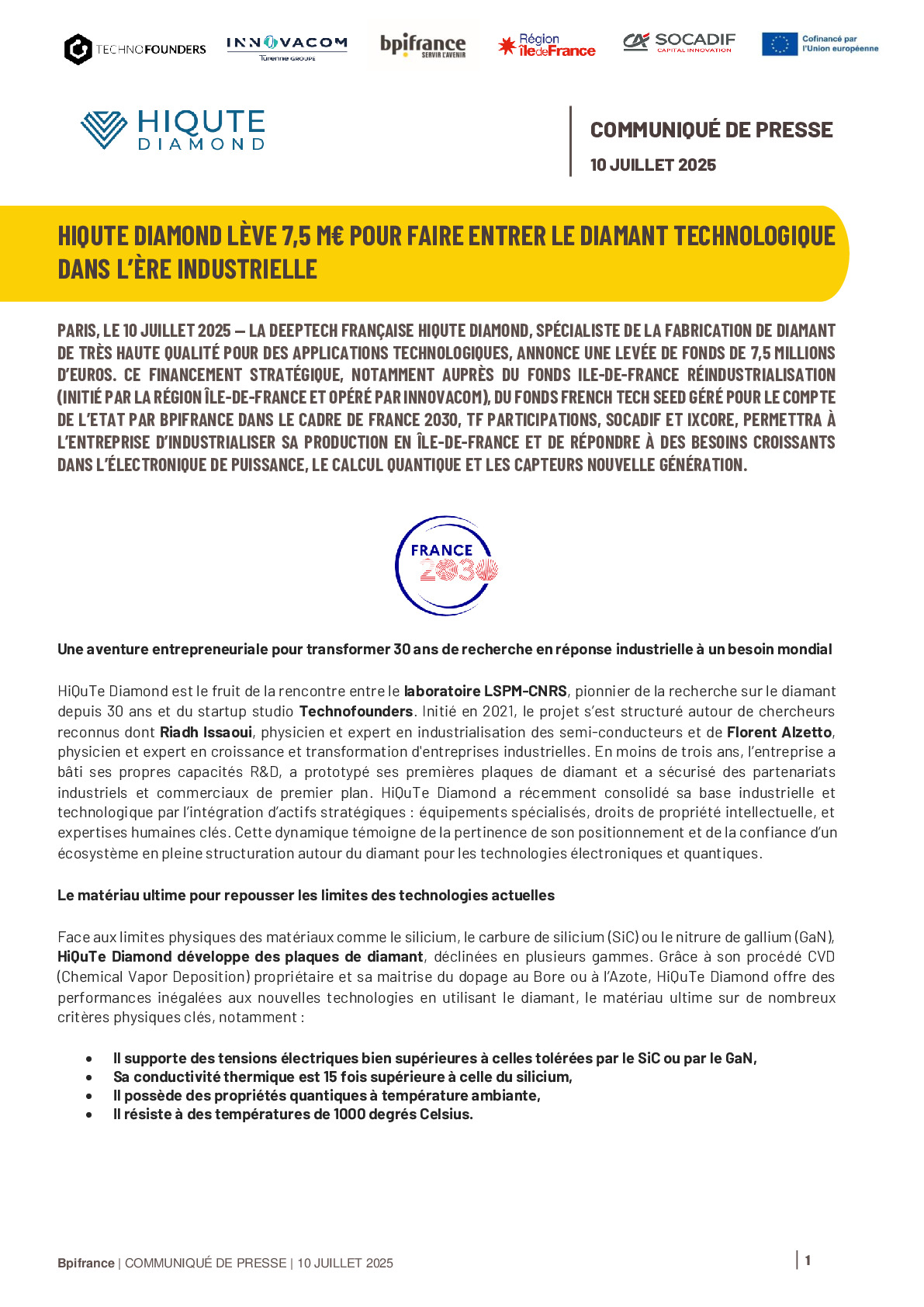 2025 07 10 – HiQuTe Diamond lève 7,5 M€ pour faire entrer le diamant technologique dans l’ère industrielle