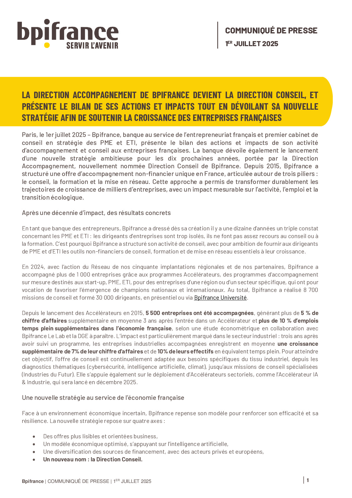 2025 07 01 – LA DIRECTION ACCOMPAGNEMENT DE BPIFRANCE DEVIENT LA DIRECTION CONSEIL, ET PRÉSENTE LE BILAN DE SES ACTIONS ET IMPACTS TOUT EN DÉVOILANT SA NOUVELLE STRATÉGIE