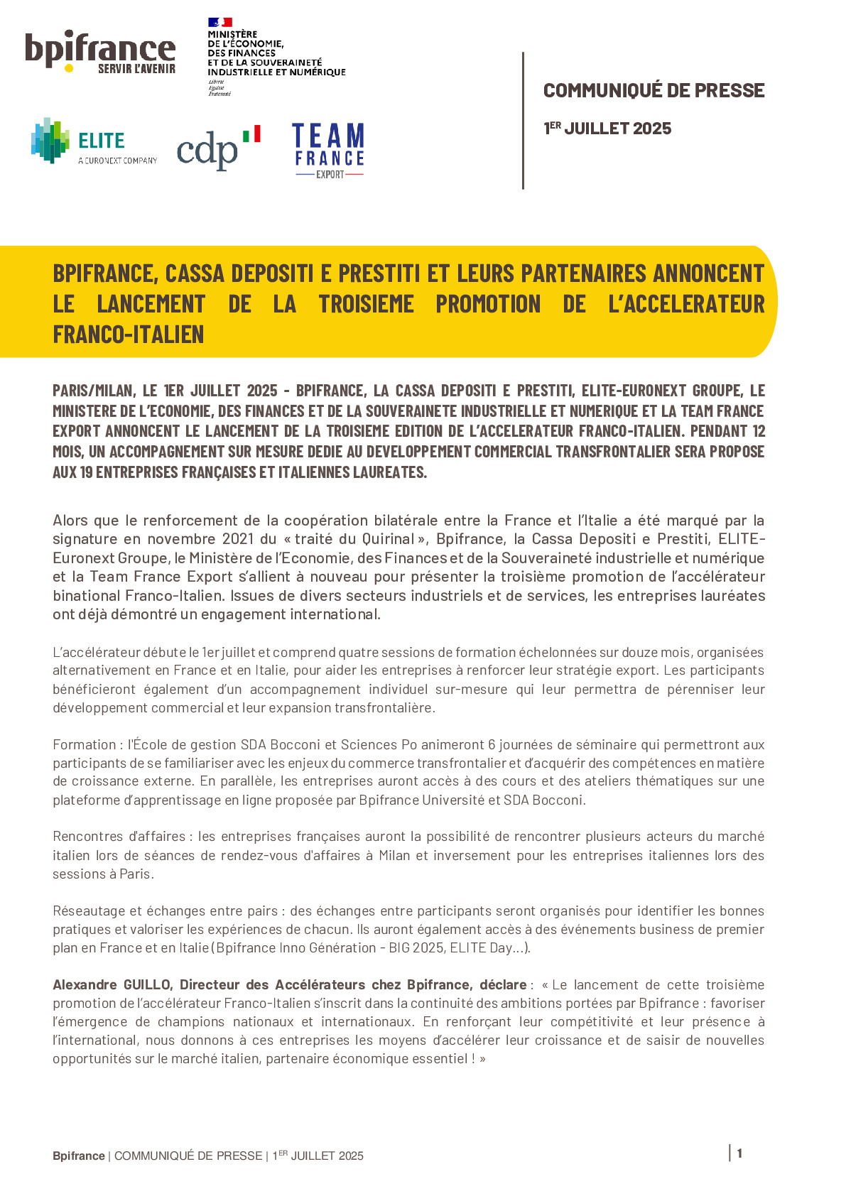Bpifrance, Cassa Depositi e Prestiti et leurs partenaires annoncent le lancement de la troisième promotion de l’accélérateur Franco-Italien