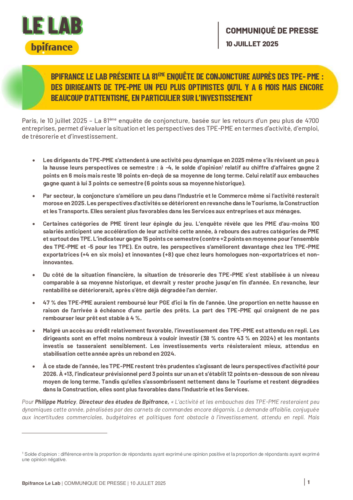 2025 07 10 – CP Bpifrance Le Lab présente la 81ème enquête de conjoncture auprès des TPE-PME