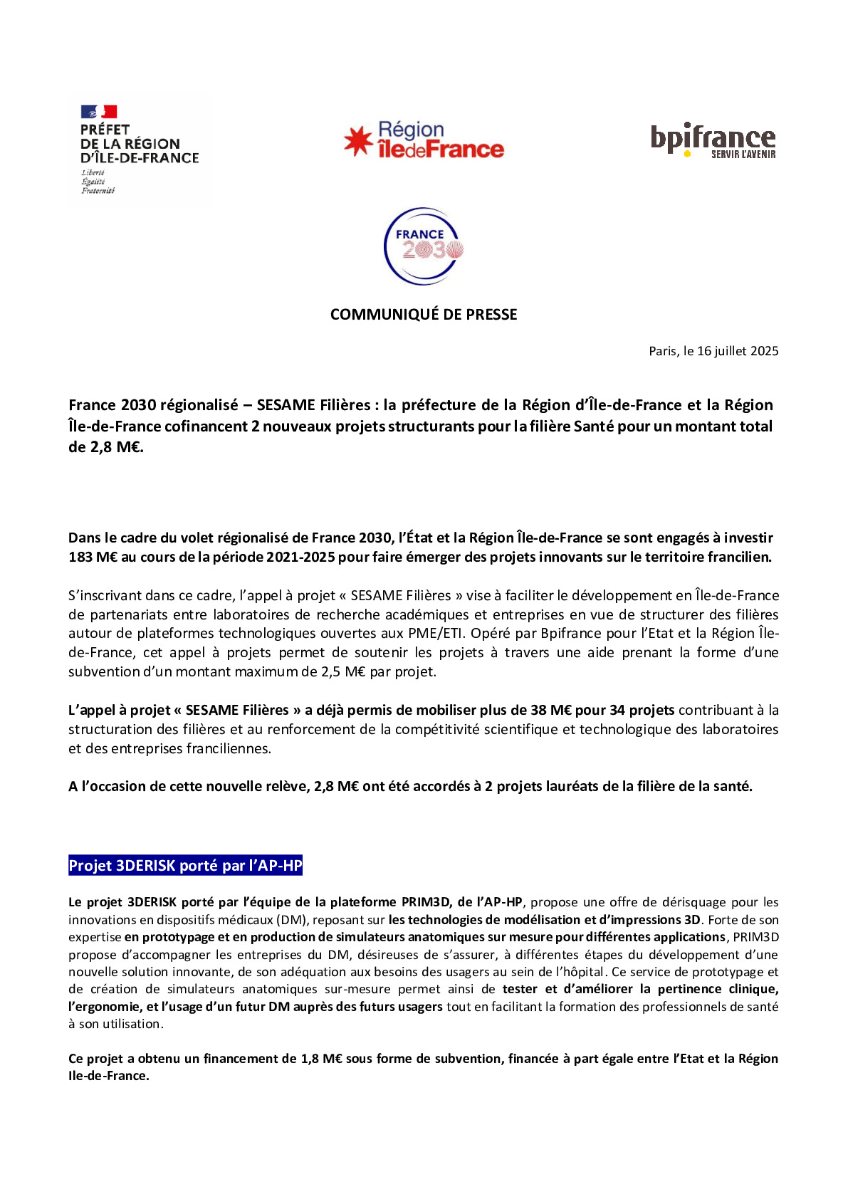 2025 07 16 France 2030 régionalisé – SESAME Filières – IDF – Santé