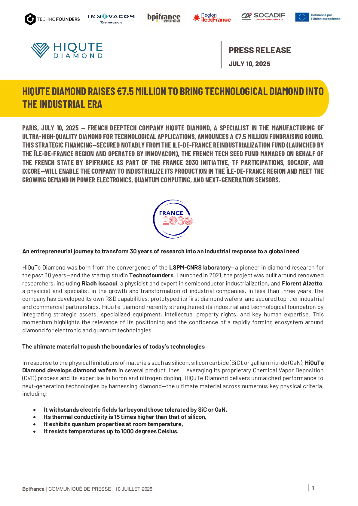 2025 07 10 – PR HiQuTe Diamond Raises €7.5 Million to Bring Technological Diamond into the Industrial Era