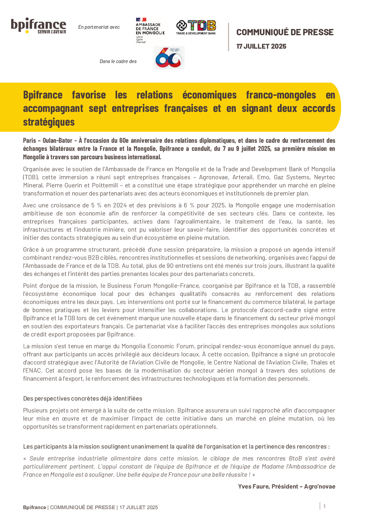 20250717 – Bpifrance favorise les relations économiques franco-mongoles en accompagnant sept entreprises françaises et en signant deux accords stratégiques