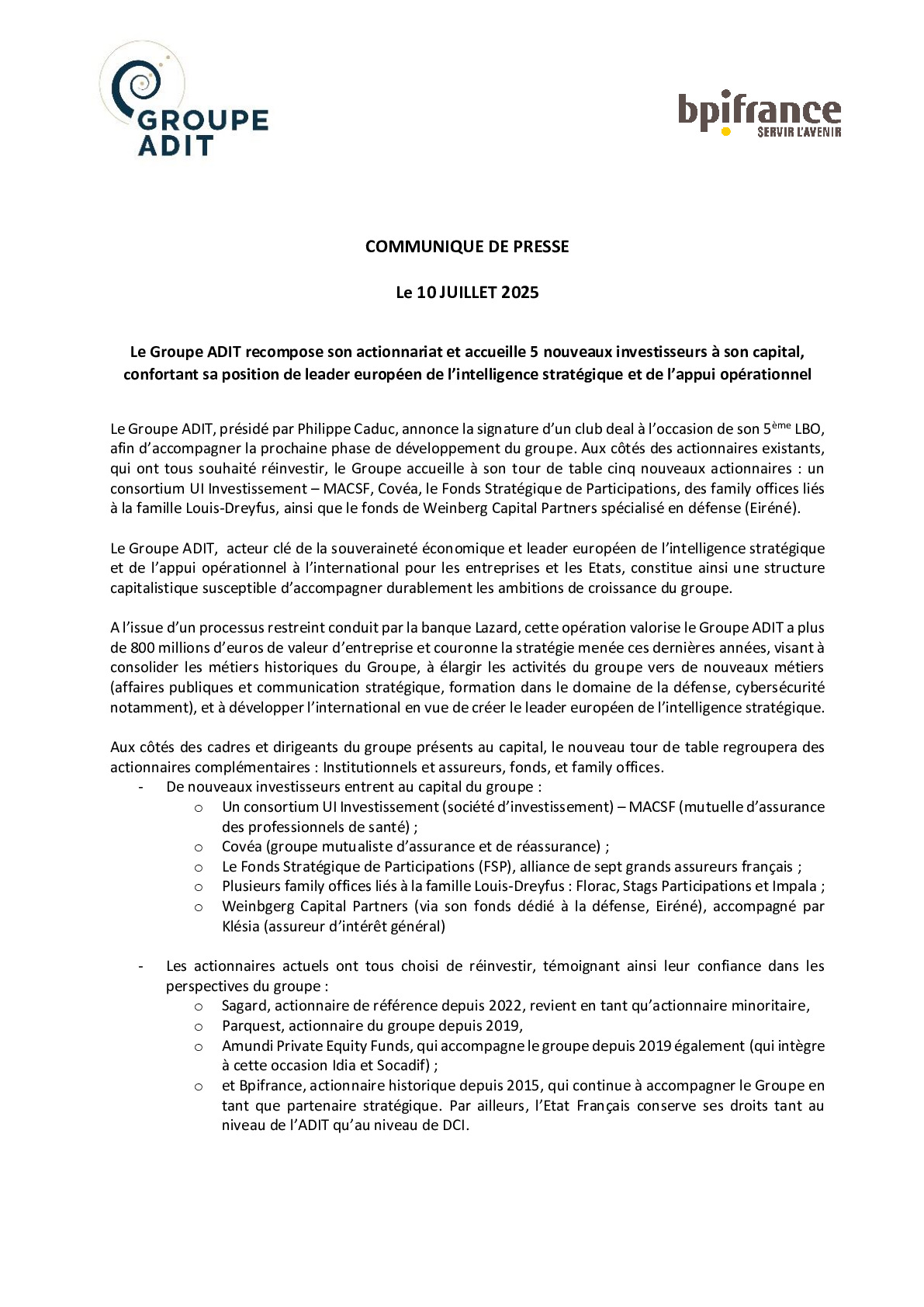 250710 Communiqué de presse Le Groupe ADIT recompose son actionnariat et accueille 5 nouveaux investisseurs à son capital