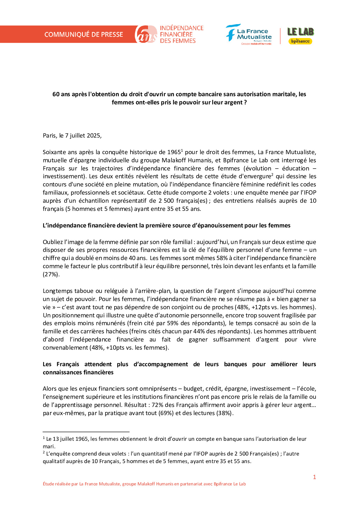 2025 07 07 CP – Bpifrance Le Lab x La France Mutualiste – Etude 60 ans de l’indépendance financière des femmes