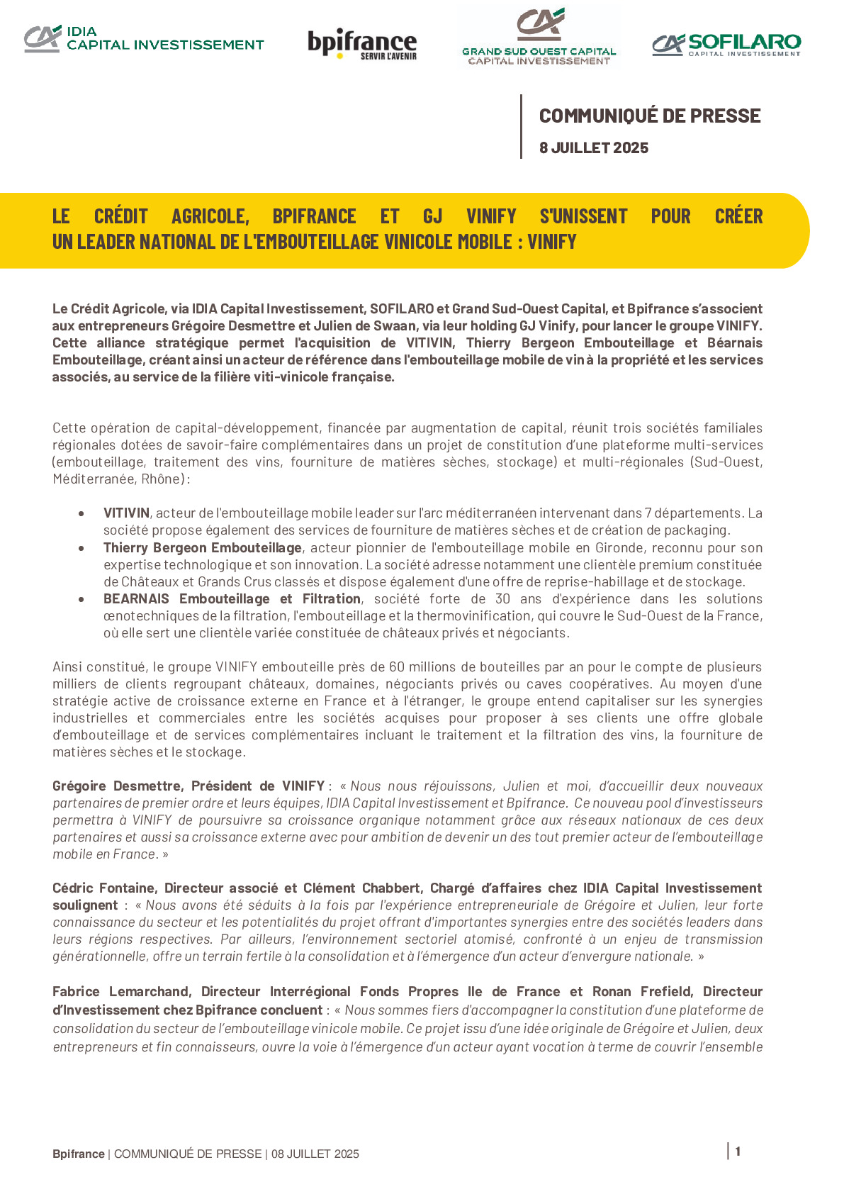 2025 07 08  – CP Le Crédit Agricole, Bpifrance et GJ Vinify s’unissent pour créer Vinify